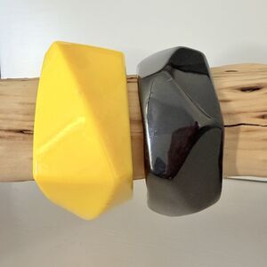 Vintage Lucite Faceted Chunky Bangle Bracelets Egg Yolk Yellow & Black Set of 2